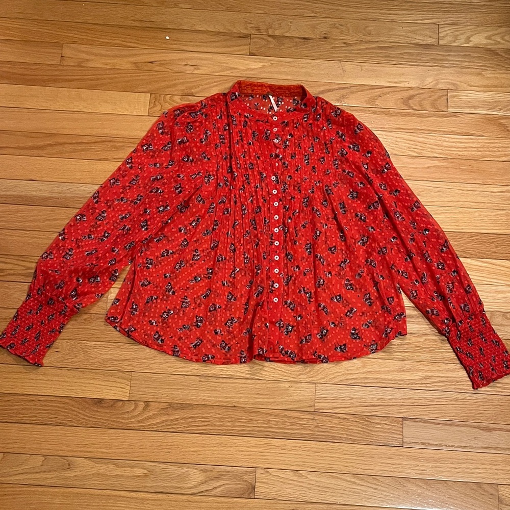Free People Women's Red Floral Button-Up Blouse